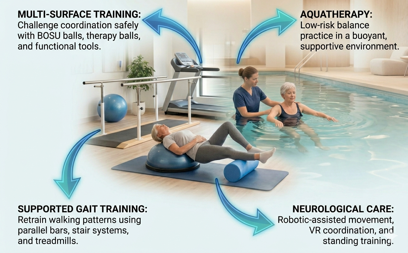 Balance and vestibular rehabilitation equipment including computerised balance platforms, treadmill training, and VR balance therapy